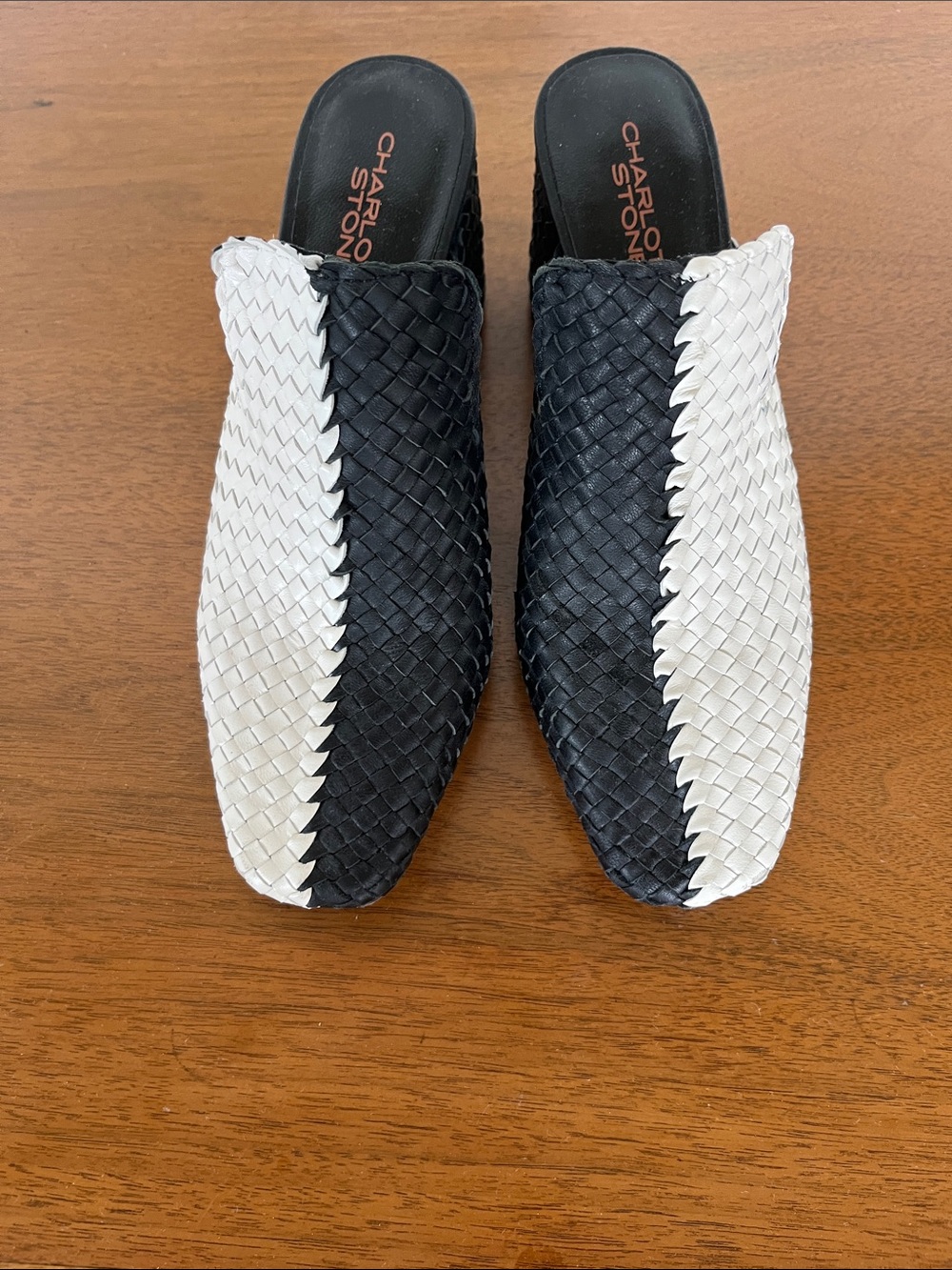 Charlotte Stone Mae Two-Tone Woven Black & White Mules